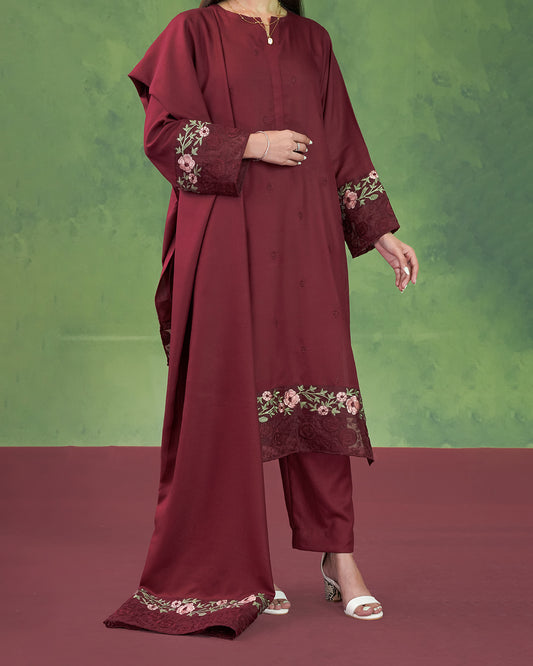Embroidered Maroon 3pc
