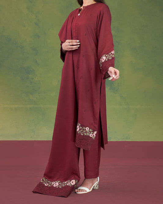 Embroidered Maroon 3pc