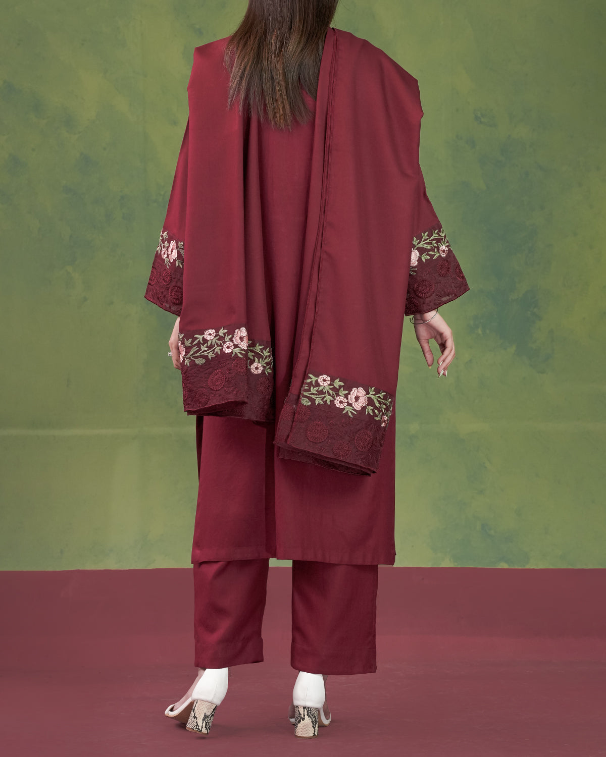 Embroidered Maroon 3pc