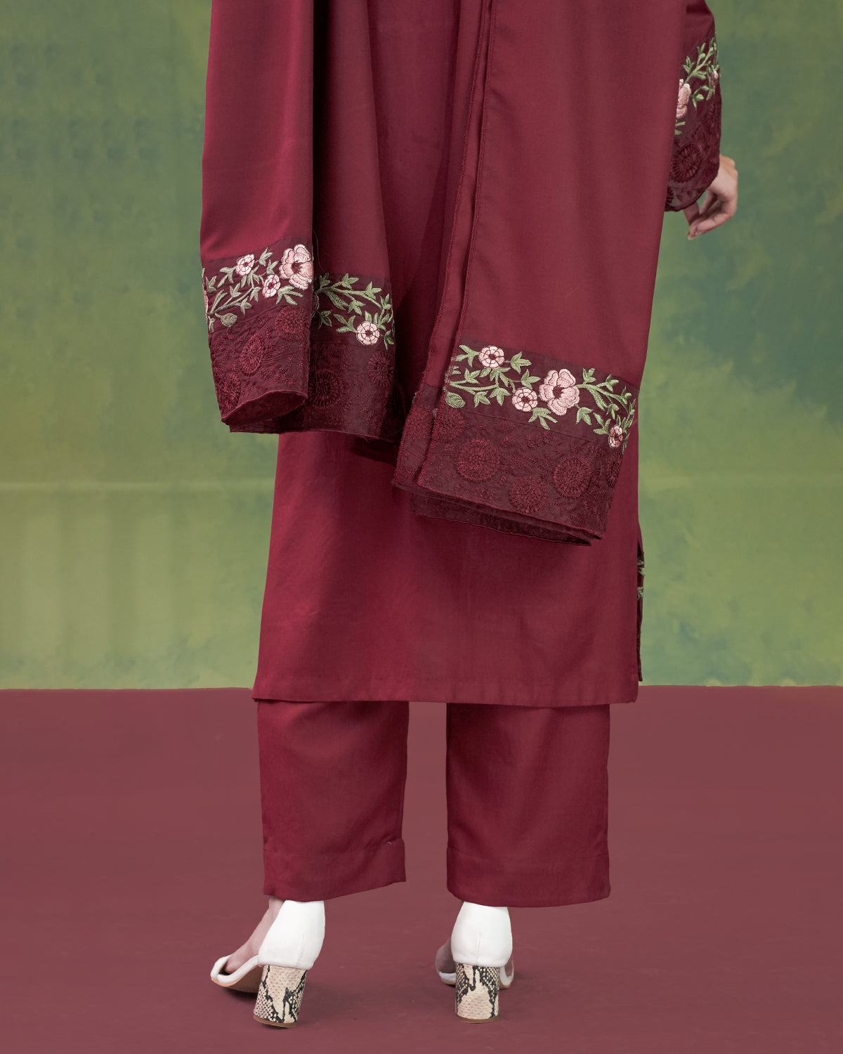 Embroidered Maroon 3pc