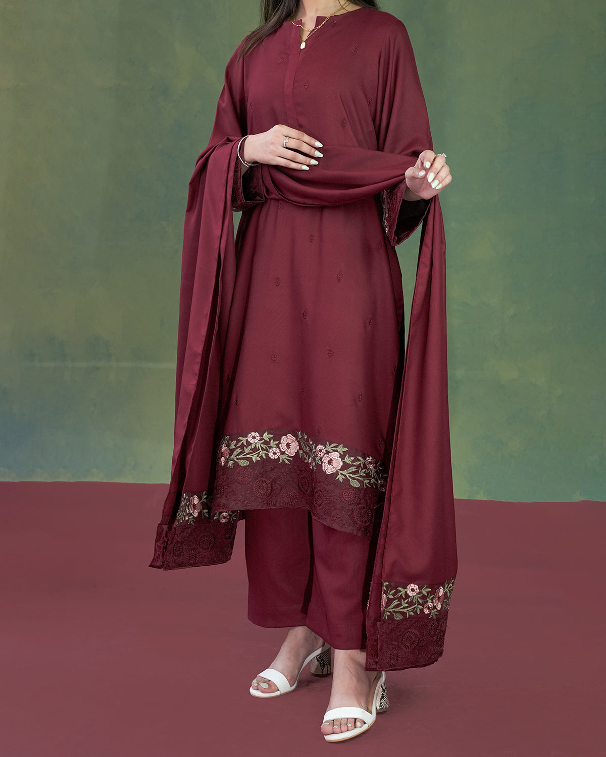 Embroidered Maroon 3pc